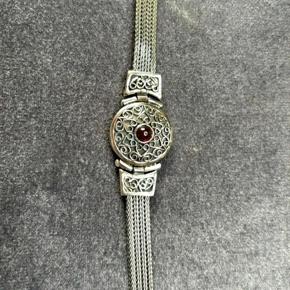 Vintage Sterling Silver 925 Filigree Heart Bracelet Red Garnet Gothic Boho